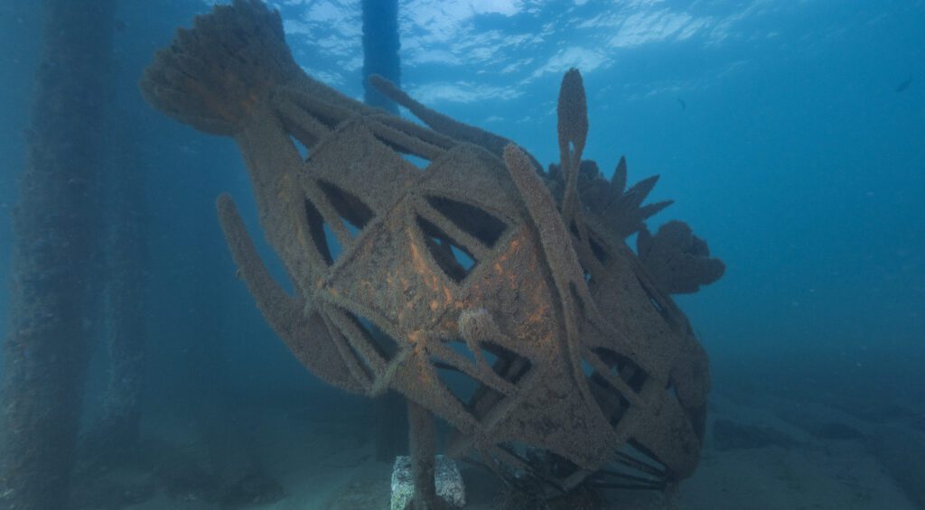 The Queen of the Bay sculpture in her new home, 8m underwater at the end of the Busselton Jetty.