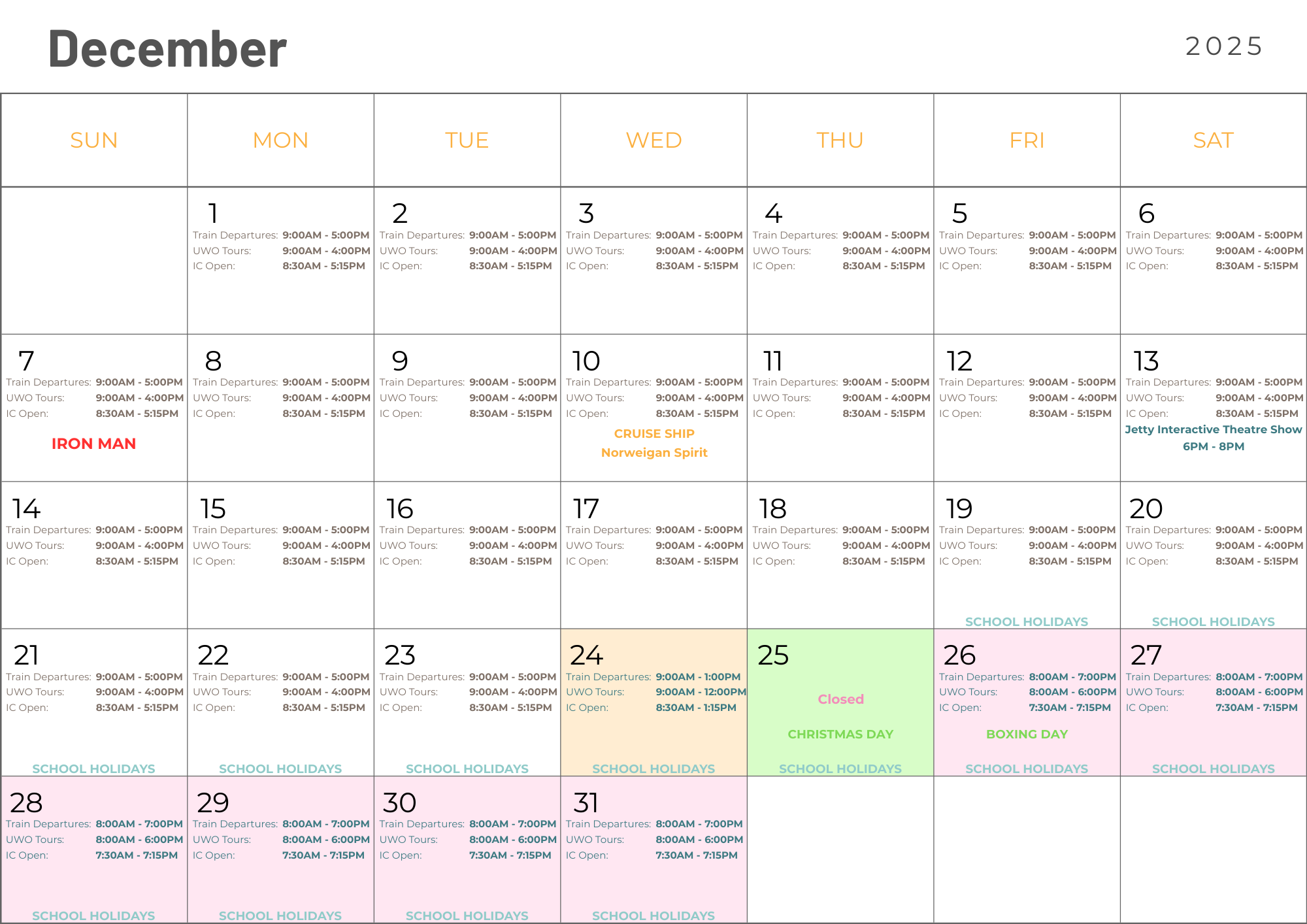 Calendar of Extended Hours in December 2025