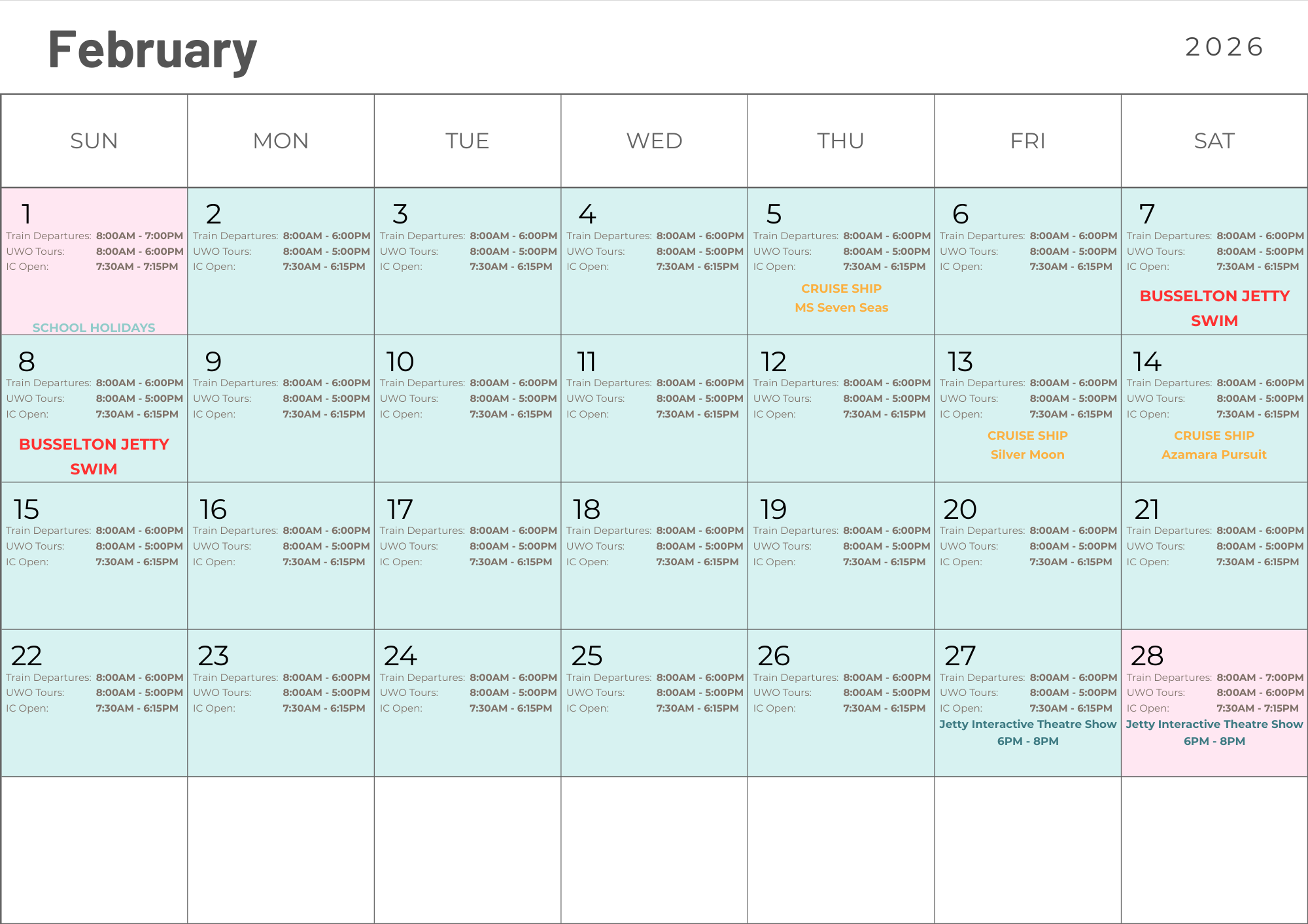 Calendar of Extended Hours in February 2026
