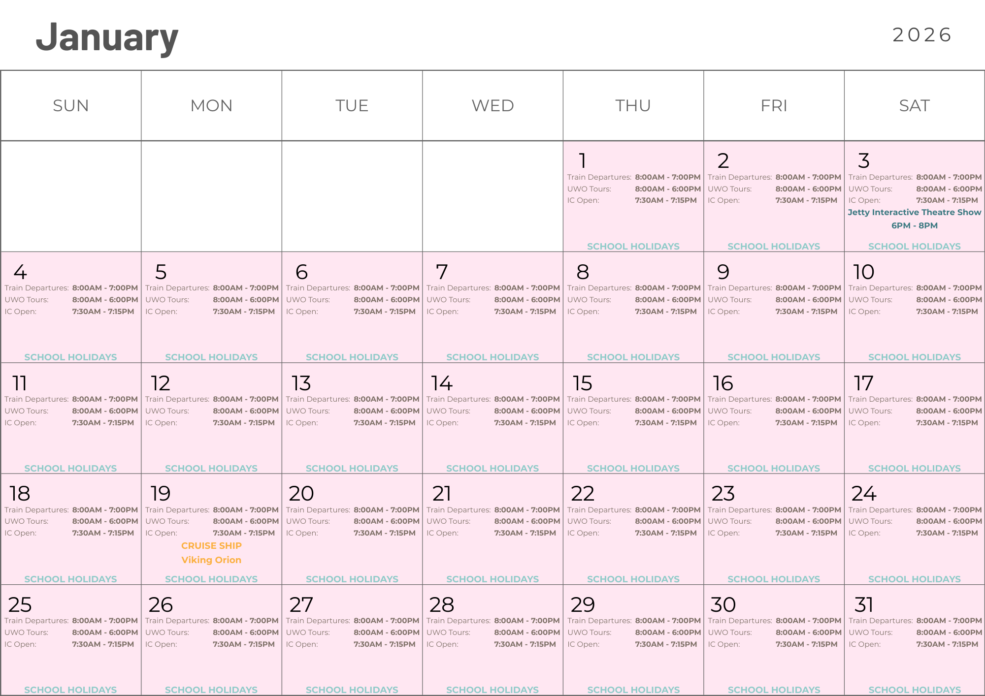 Calendar of Extended Hours in January 2026