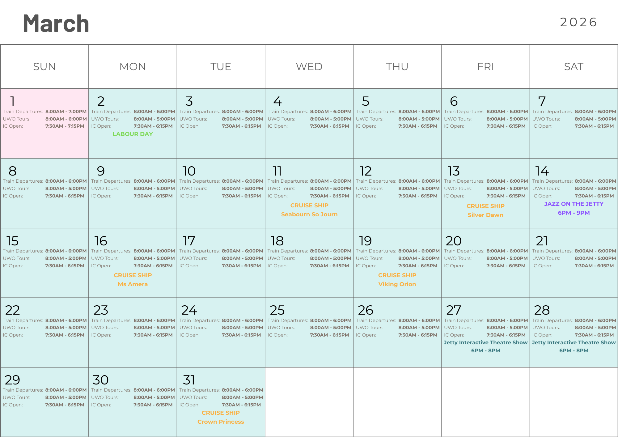 Calendar of Extended Hours in March 2026