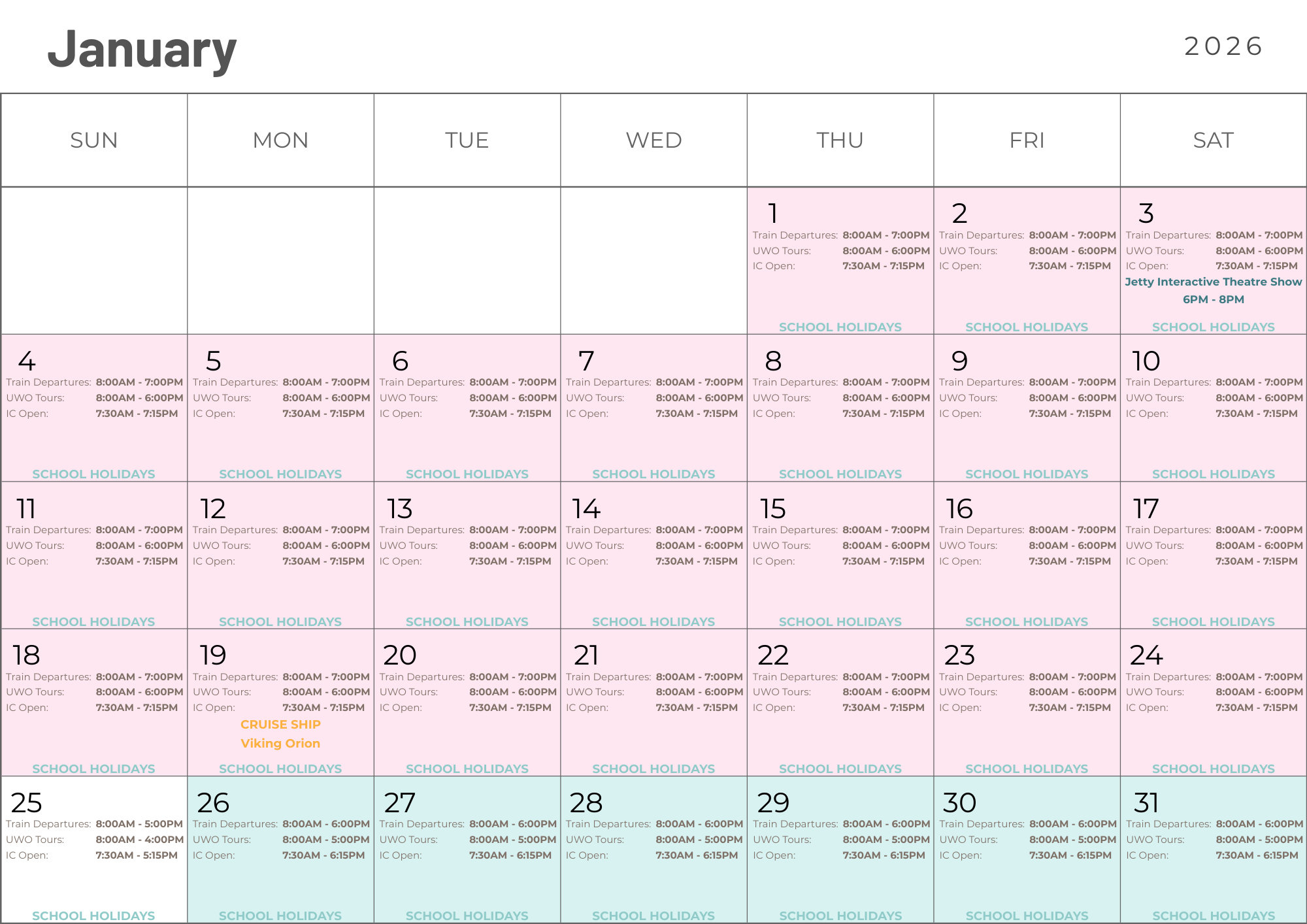 Calendar of Extended Hours in January 2026