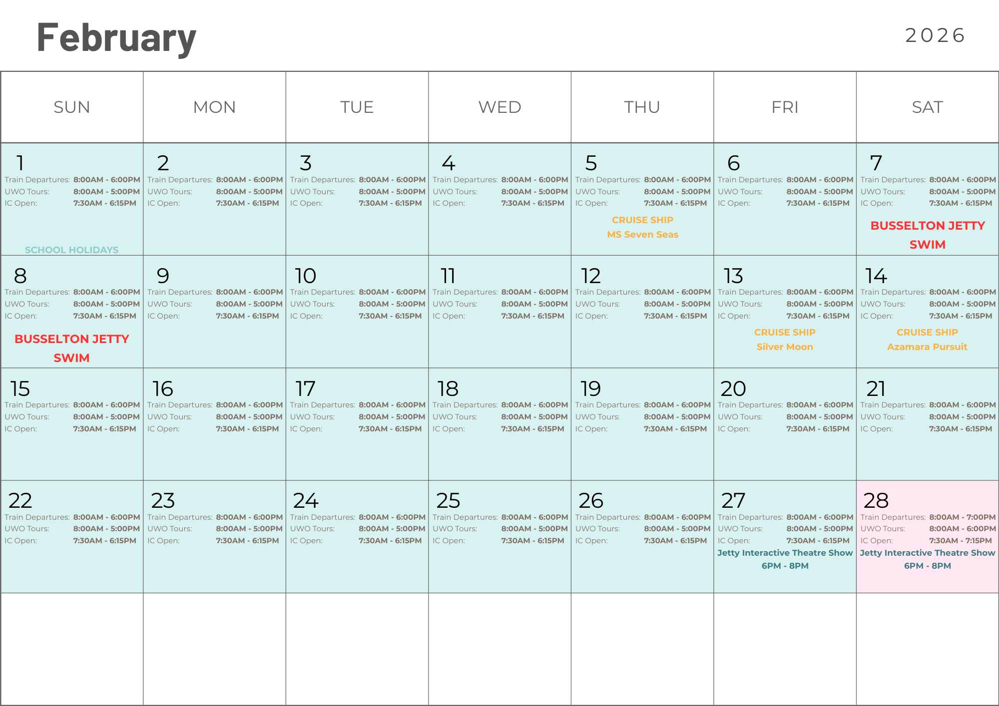 Calendar of Extended Hours in February 2026