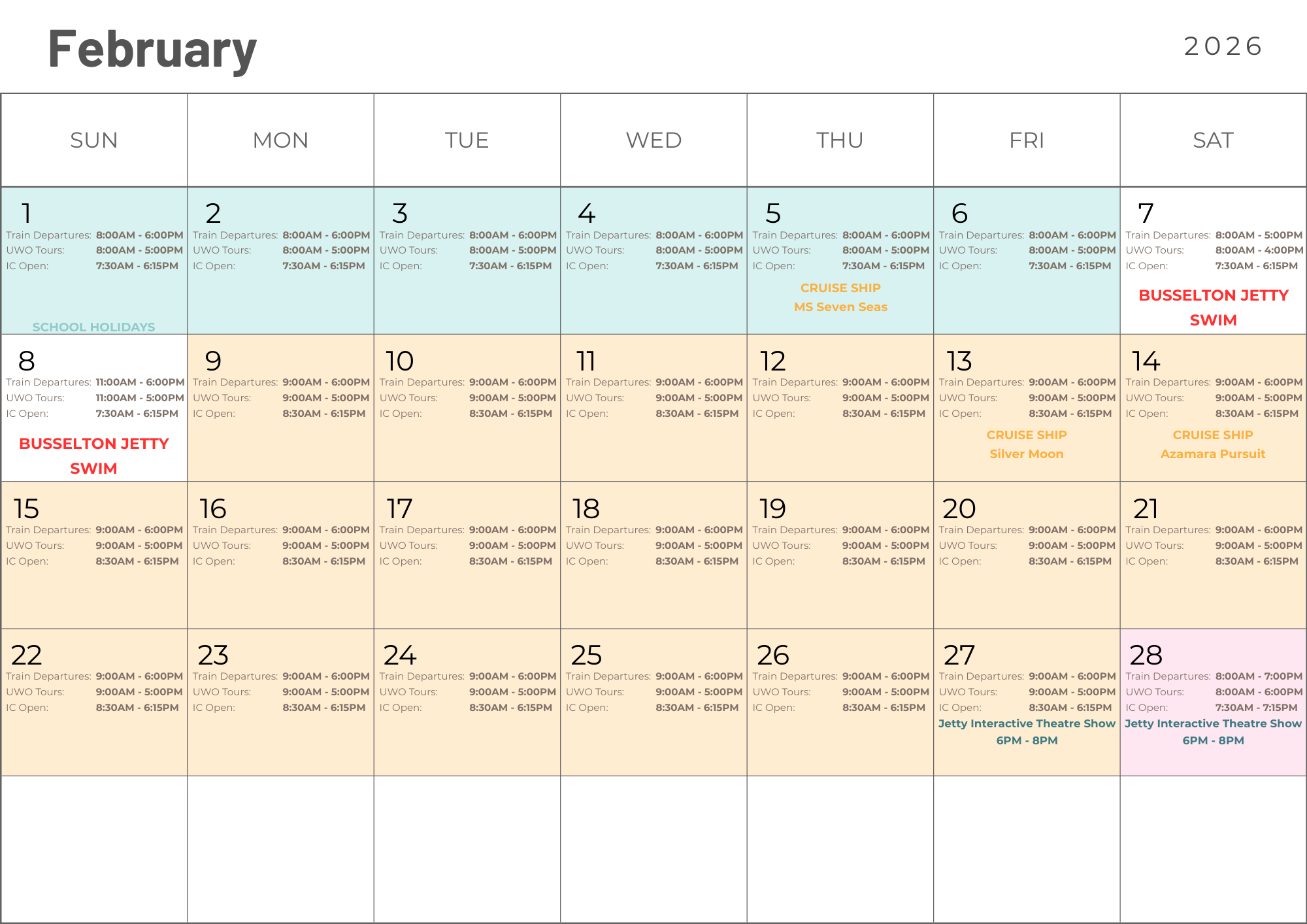 Calendar of Extended Hours in February 2026