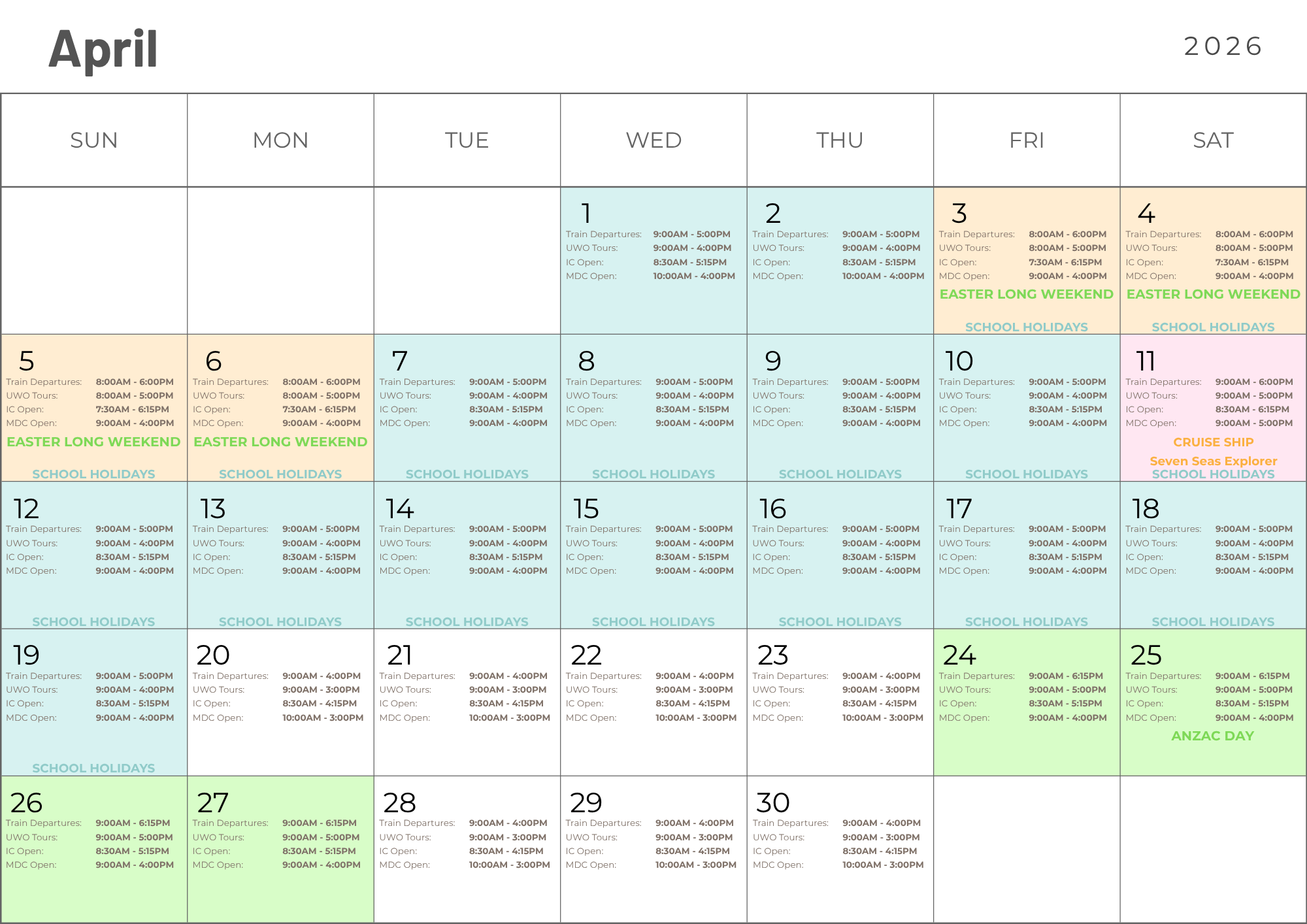 Calendar of extended hours in April