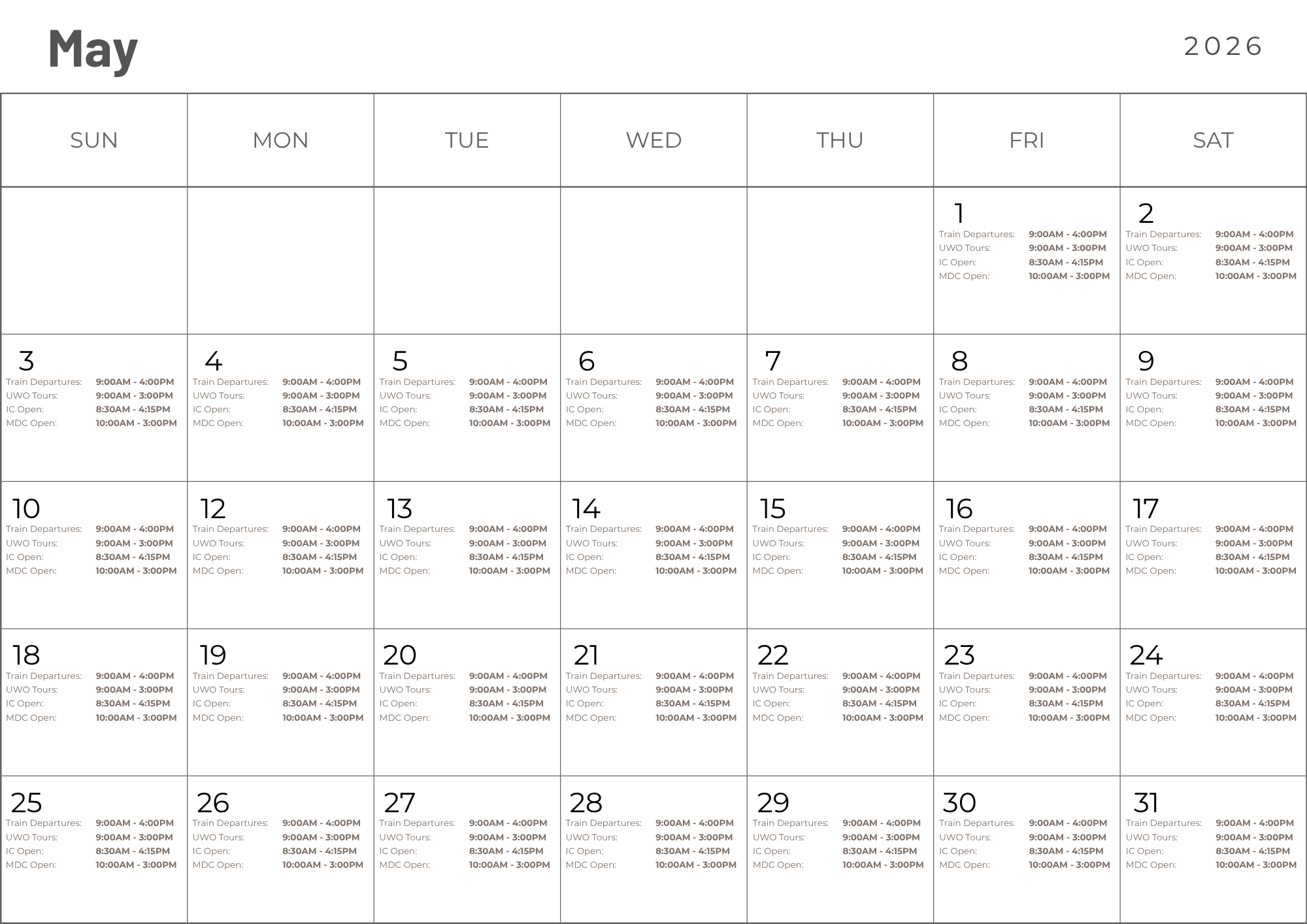 Calendar of Extended Hours in May