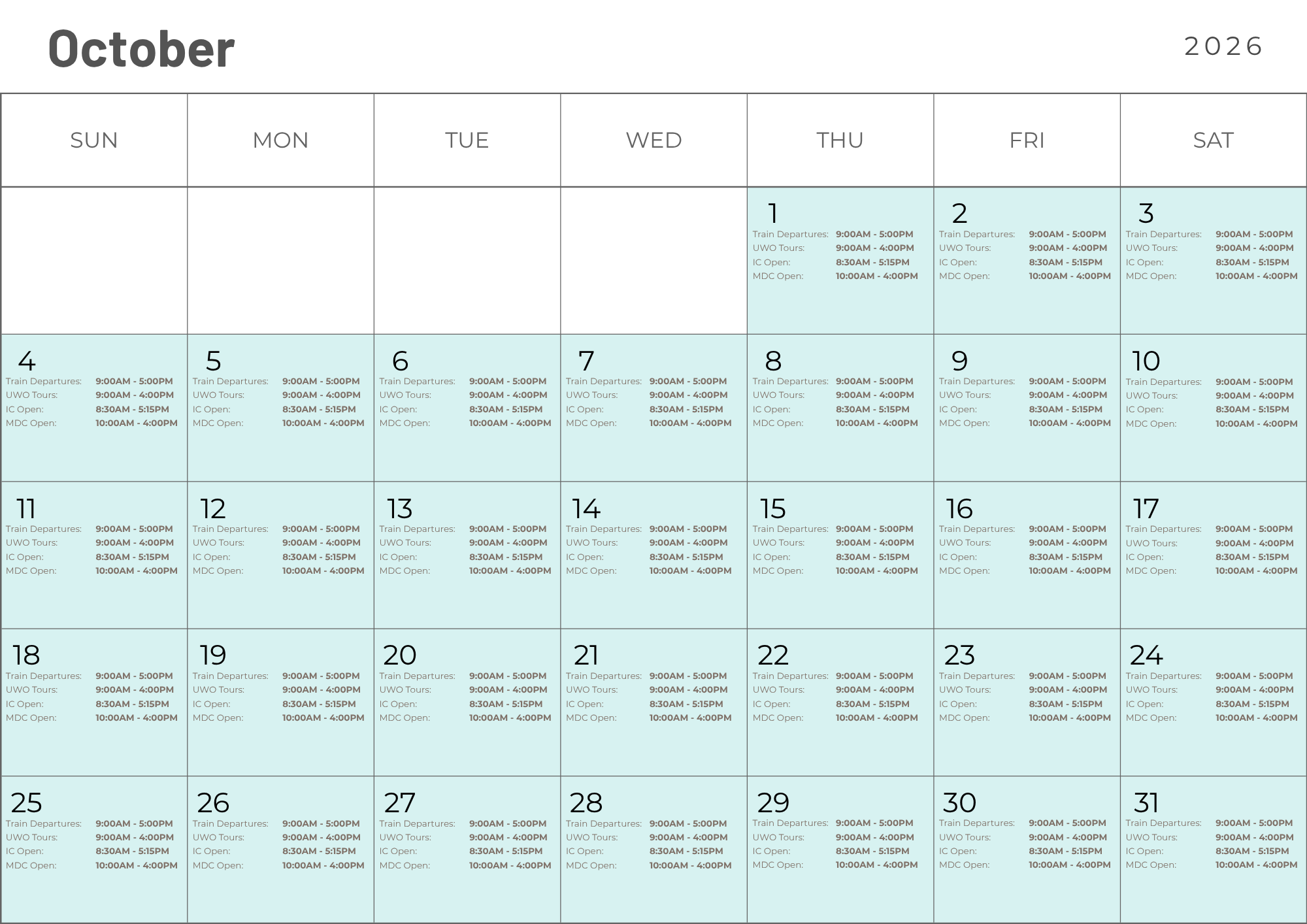 A calendar of events in October