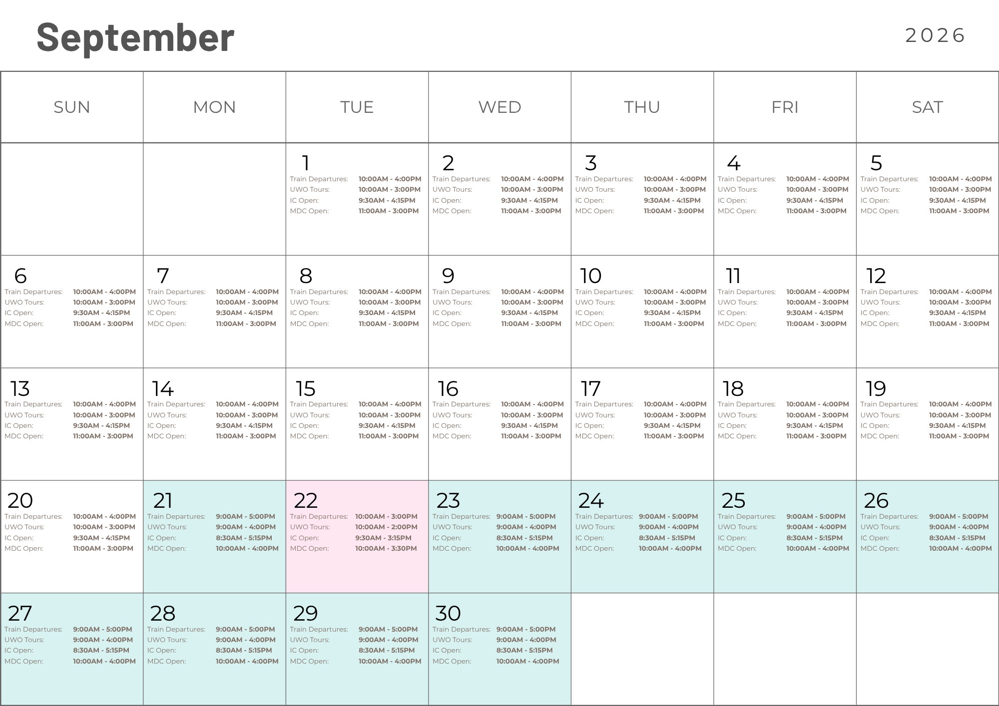 A calendar of events in September